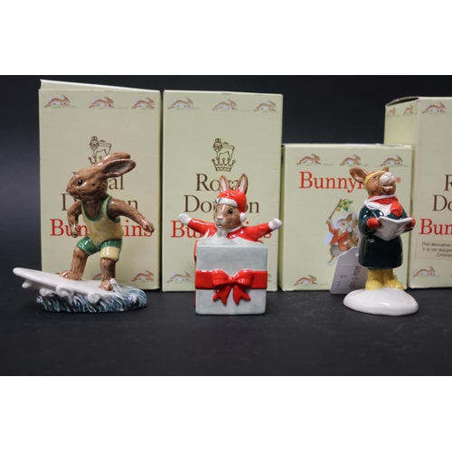 5244 - Royal Doulton two Bunnykins Santa, two Carol Singers, Aussie Surfer, Christmas Surprise, approx 11cm... 
