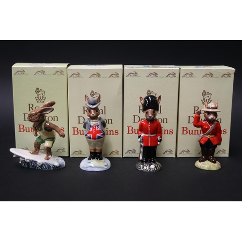 5246 - Royal Doulton Bunnykins, John Bull, Guardsman, Mountie and Aussie Surfer, approx 11cm H and shorter ... 