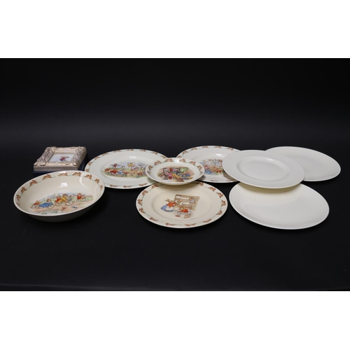 5256 - Assortment Royal Doulton Bunnykins plates bowls etc, Blank plate examples and a frame, approx 23cm D... 