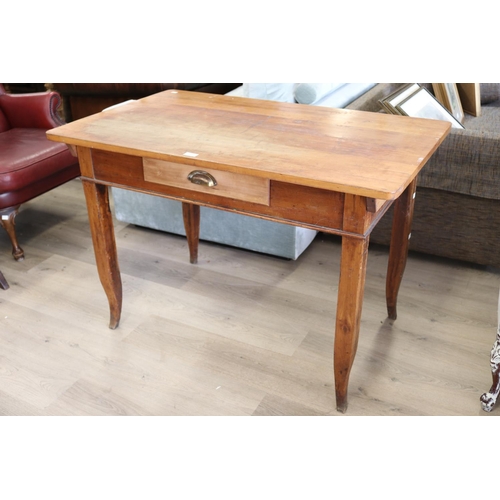 494 - Antique beech single drawer Swiss country table, square tapering legs, approx 75cm H x 110cm W x 67.... 