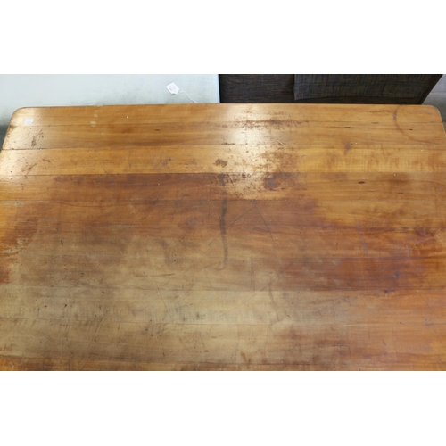 494 - Antique beech single drawer Swiss country table, square tapering legs, approx 75cm H x 110cm W x 67.... 