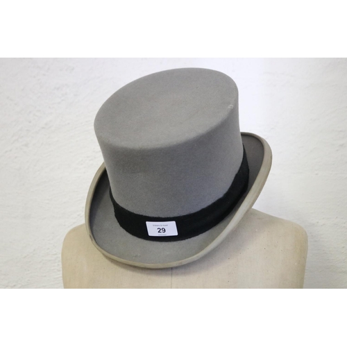 2029 - English gents grey felt top hat, marked for Scott & Co Hatters St James Street London, approx 14cm H... 
