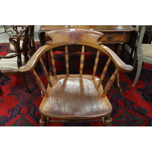 2036 - Antique English elm & beech smokers bow chair, stamped Glenister Maker Wycombe ER VII, approx 82cm H