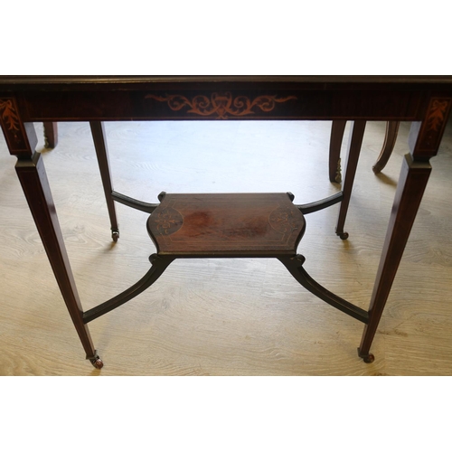2039 - Antique inlaid rosewood centre table with stretcher central shelf below, approx 73cm H x 84cm W x 45... 