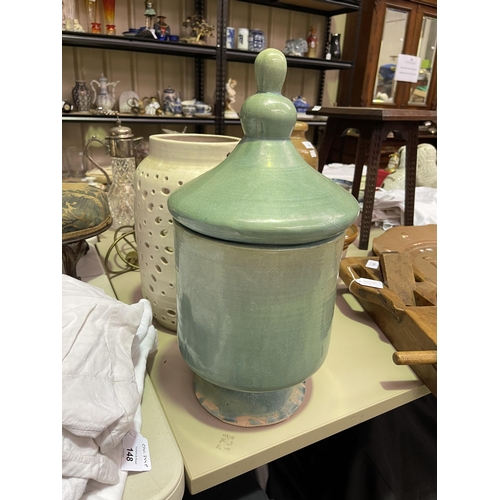 2041 - Modern decorative green glazed lidded vintage urn, approx 41cm H x 22cm dia