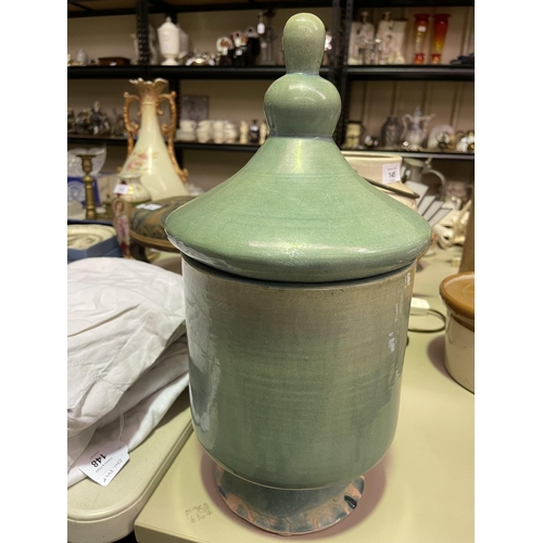 2041 - Modern decorative green glazed lidded vintage urn, approx 41cm H x 22cm dia
