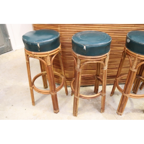 2069 - Vintage rattan cane cocktail bar & four stools with green upholstery, ex Napperby Station NT, approx... 