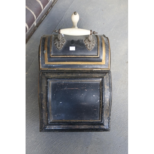 2080 - Antique Victorian period japanned tin coal hod, with china mounted handles including scoop, approx 4... 