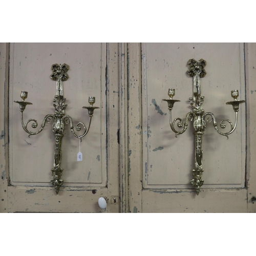 2083 - Pair of French Louis XVI revival polished brass two stick appliques, untested. each approx 69cm H x ... 