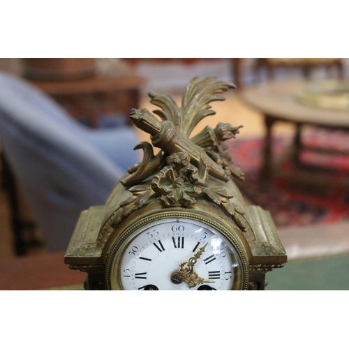 2102 - Antique French Louis XVI style gilt bronze mantle clock, surmounted with torche & quiver to pelmet, ... 