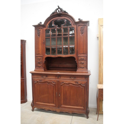 Antique French carved walnut two height buffet, large central beveled glass paneled door to the top, approx 257cm H x 144cm W x 57cm D