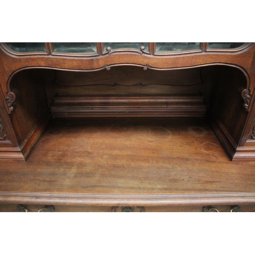 2112 - Antique French carved walnut two height buffet, large central beveled glass paneled door to the top,... 