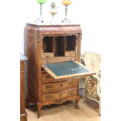 2120 - French Louis XV revival marble topped secretaire, approx 137cm H x 80cm W x 41cm D