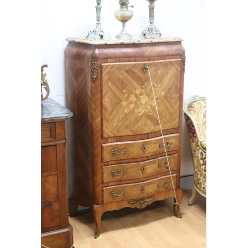 2120 - French Louis XV revival marble topped secretaire, approx 137cm H x 80cm W x 41cm D