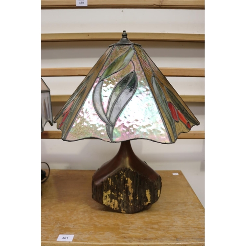 2125 - Two similar lead light Tiffany style shade lamps with block of wood base, untested, approx 53cm H an... 