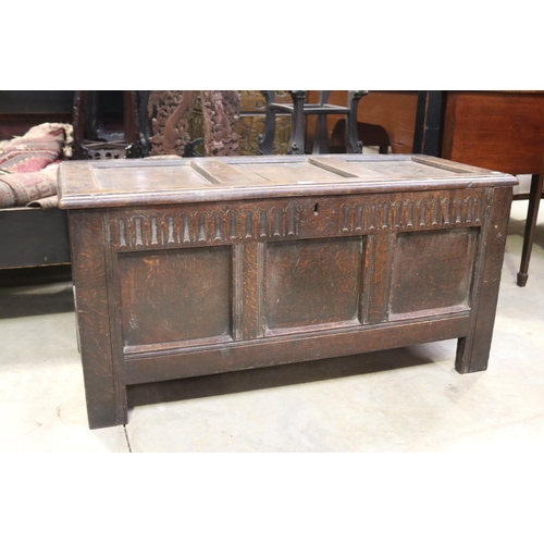 2135 - Antique 18th century English oak three panel coffer, with stop fluted carved front frieze, approx 61... 