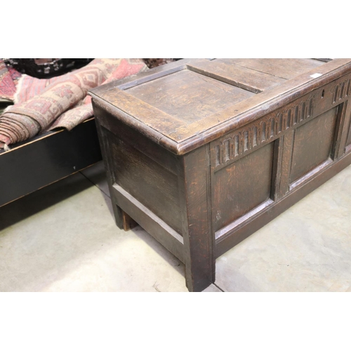 2135 - Antique 18th century English oak three panel coffer, with stop fluted carved front frieze, approx 61... 