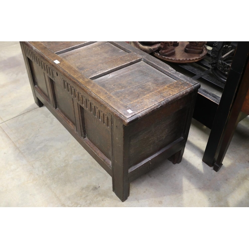 2135 - Antique 18th century English oak three panel coffer, with stop fluted carved front frieze, approx 61... 