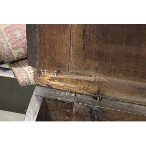 2135 - Antique 18th century English oak three panel coffer, with stop fluted carved front frieze, approx 61... 