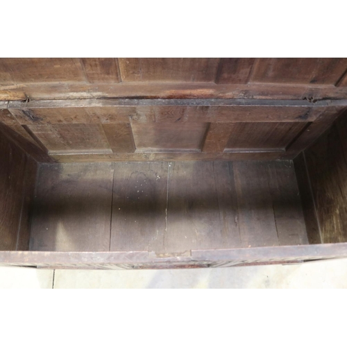 2135 - Antique 18th century English oak three panel coffer, with stop fluted carved front frieze, approx 61... 