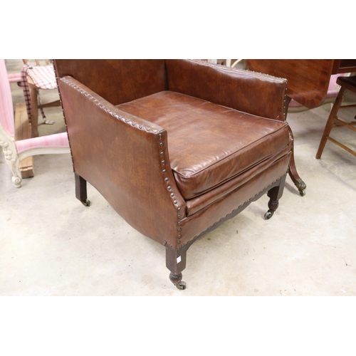 2190 - Vintage faux brown leather studded trim arm chair, approx 82cm H x 65cm W x 79cm D