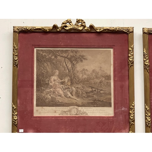 2192 - Fine pair of antique framed engravings, F. Boucher hand coloured, each approx 42cm x 45cm (2)