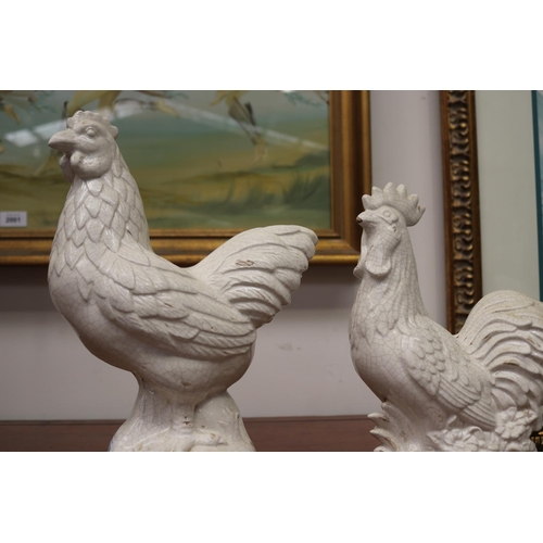 2004 - Pair of ceramic hen and rooster of crackle glaze, approx 32cm H and shorter (2)