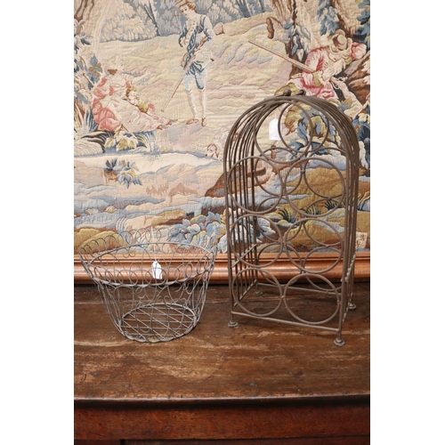 2032 - Wire wine bottle holder and a basket, approx 48cm H and shorter (2)