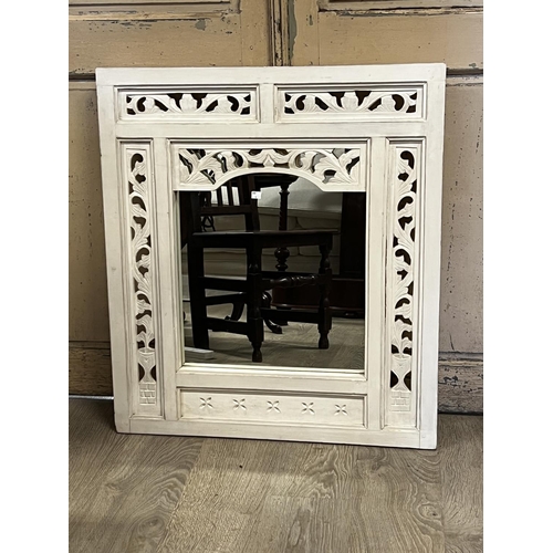 2208 - Painted mirror, carved pierced wooden frame, approx 90cm H x 80cm W