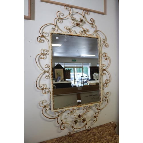 2212 - Rustic painted metal scrolling frame mirror, approx 138cm H x 88cm W