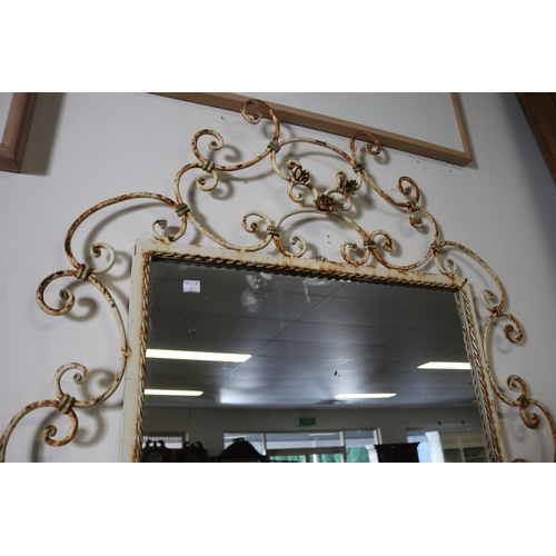 2212 - Rustic painted metal scrolling frame mirror, approx 138cm H x 88cm W