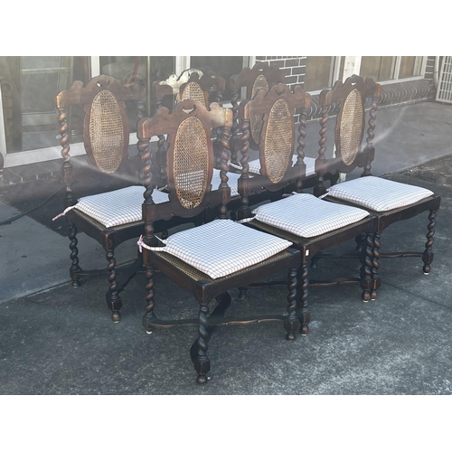 2220 - Set of six 17th century English barley twist dining chairs, with caned backs and seats, each approx ... 