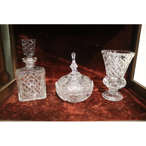 2249 - Bohemian cut crystal decanter, flared rim vase, lidded bonbonniere, approx 26cm H and shorter (3)