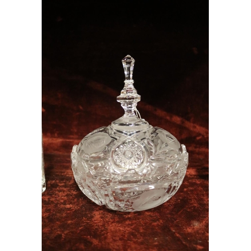 2249 - Bohemian cut crystal decanter, flared rim vase, lidded bonbonniere, approx 26cm H and shorter (3)