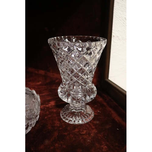 2249 - Bohemian cut crystal decanter, flared rim vase, lidded bonbonniere, approx 26cm H and shorter (3)