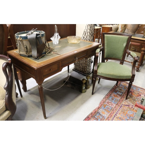 2263 - French green leather topped desk and armchair, desk approx 75cm H x 120cm W x 70cm D (2)