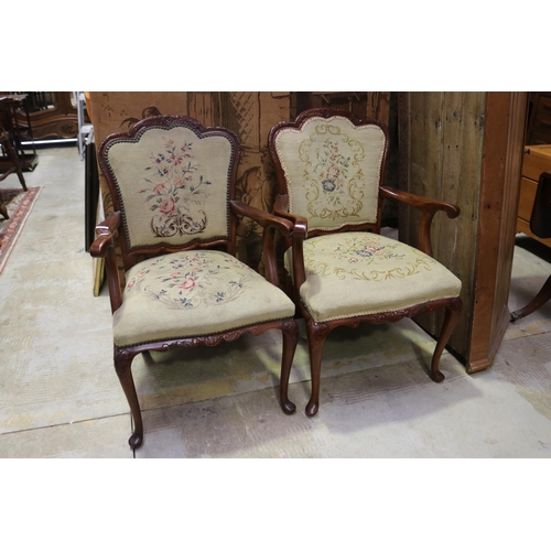 2054 - Pair of vintage shaped back armchairs, studded wool work upholstery, each approx 91cm H x 61cm W (2)