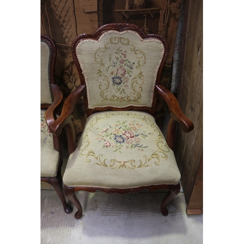 2054 - Pair of vintage shaped back armchairs, studded wool work upholstery, each approx 91cm H x 61cm W (2)