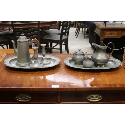 2070 - Selection of pewter to include pair of shaped edge platters, platter approx 42cm x 29cm (8)