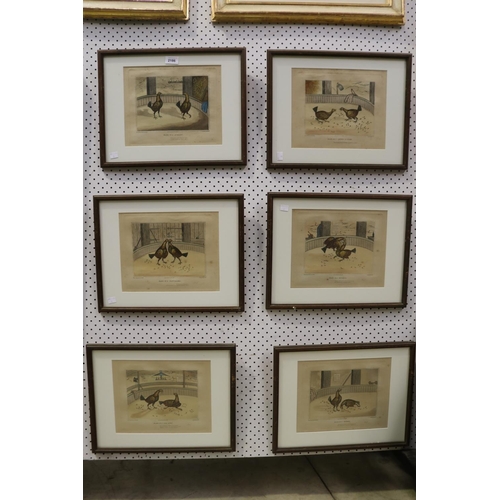 2186 - Six framed cock fighting engravings, each approx 34cm H x 43cm W (6)