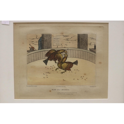 2186 - Six framed cock fighting engravings, each approx 34cm H x 43cm W (6)