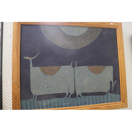 2193 - Two cows, batik artwork, signed Rommy 70, approx 95cm H x 116cm W