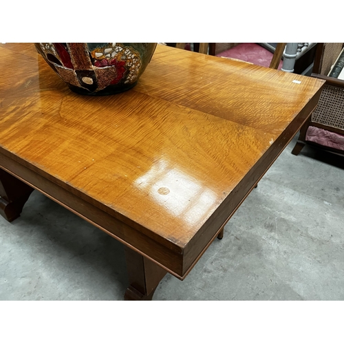 2301 - Satin wood veneer Art deco twin pedestalled dining table, approx 76cm H x 144cm L x 83cm W