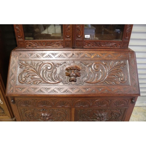 2059 - Antique European carved oak bureau bookcase, approx 218cm H x 108cm W x 51cm D