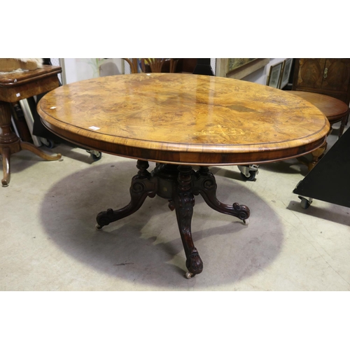 2243 - Antique burr walnut oval loo table, approx 70cm H x 134cm W x 102cm D