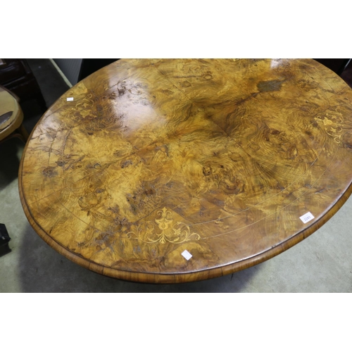 2243 - Antique burr walnut oval loo table, approx 70cm H x 134cm W x 102cm D