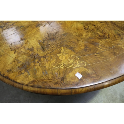 2243 - Antique burr walnut oval loo table, approx 70cm H x 134cm W x 102cm D