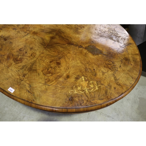 2243 - Antique burr walnut oval loo table, approx 70cm H x 134cm W x 102cm D