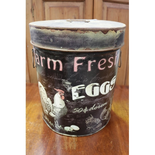 2272 - Farm Fresh Eggs lidded metal cannister, approx 35cm H x 30cm dia