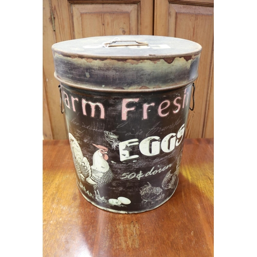 2272 - Farm Fresh Eggs lidded metal cannister, approx 35cm H x 30cm dia